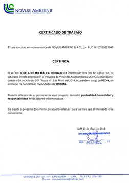 CERTIFICADO DE TRABAJO 
 
 
 
El que suscribe, en representación de NOVUS AMBIENS S.A.C., con RUC N° 20250861045