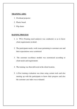 TRAINING AIDS: 
    
1. Overhead projector  
2. Plastic board  
3. Flip charts 
 
 
RAINING PROCESS 
 
1. A  TNA (Training ne