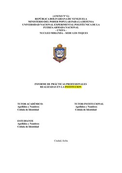 (ANEXO Nº G)
REPÚBLICA BOLIVARIANA DE VENEZUELA
MINISTERIO DEL PODER POPULAR PARA LA DEFENSA
UNIVERSIDAD NACIONAL EXPERIMENTA