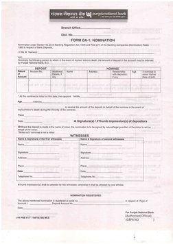 Branch Office...
Dist. No........
FORM DA-1 : NOMINATION
Nomination under Section 45ZA of Banking Regulation Act, 1949 and Ru