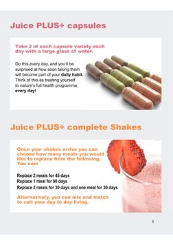 3
Juice PLUS+ capsules
Do this every day, and you’ll be 
surprised at how soon taking them 
will become part of your daily ha