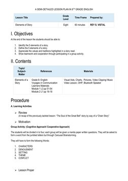 Grade 8 English Lesson Plan: Elements of Story | PDF | Lesson Plan ...