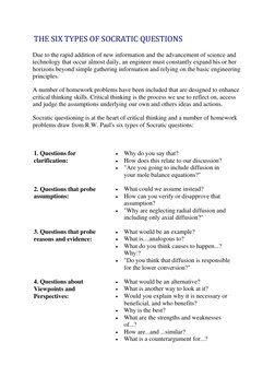 THE SIX TYPES OF SOCRATIC QUESTIONS 
Due to the rapid addition of new information and the advancement of science and 
technol