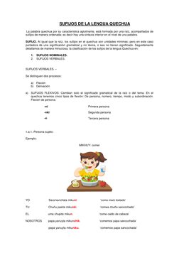 SUFIJOS DE LA LENGUA QUECHUA  
  
 La palabra quechua por su característica aglutinante, está formada por una raíz, acompañad