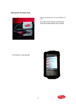 4 
 
 
Descripción de piezas clave.   
 
 
 
 
 
 
 
 
 
Módulo de interfaz (VCI) con toma eOBD de 16 
pins.  
 
El número de
