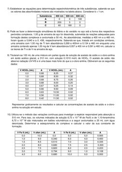 7) Estabelecer as equações para determinação espectrofotométrica de três substâncias, sabendo-se que 
os valores das absortiv
