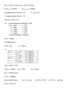 8) CV = 3,78 x 10-5 g/mL  e CTi = 3,94 x 10-5 g/mL 
 
9) NNaOAc = 0,0070N  
No-cloroanilina = 0,0029N 
 
10) estequiometria: