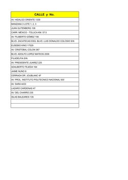 CALLE  y  No. 
AV. HIDALGO ORIENTE 1339
MANZANA 3 LOTE 1, 2, 3
JUAN GUTENBERG 108
CARR. MÉXICO - TOLUCA KM. 57.5
AV. FILIBERT