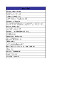 CALLEyNo. 
HIDALGO ORIENTE 1339
MANZANA 3 LOTE 1, 2, 3
JUAN GUTENBERG 108
CARR. MÉXICO - TOLUCA KM. 57.5
FILIBERTO GÓMEZ 156