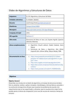 Sílabo de Algoritmos y Estructuras de Datos 
 
Asignatura 
IS-310: Algoritmos y Estructuras de Datos 
Unidades valorativas 
4