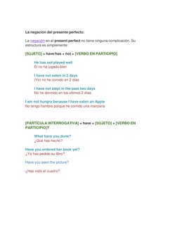 La negación del presente perfecto: 
La negación en el present perfect no tiene ninguna complicación. Su 
estructura es simp