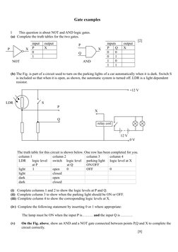Gate examples
1
This question is about NOT and AND logic gates.
(a)  Complete the truth tables for the two gates.
[2]
P