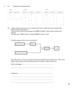 4
(a)
Complete the truth tables below.
0
1
N O T
I N P U T
O U T P U T
0
0
0
1
1
0
1
1
A N D
I N P U T
1
I N P U T
2
O U T P