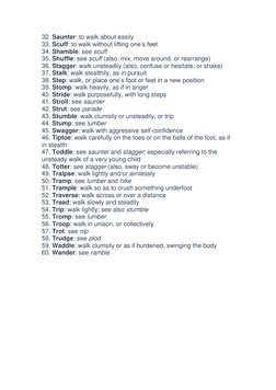 32. Saunter: to walk about easily 
33. Scuff: to walk without lifting one’s feet 
34. Shamble: see scuff 
35. Shuffle: see sc