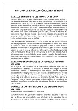 5 
HISTORIA DE LA SALUD PÚBLICA EN EL PERÚ 
 
LA SALUD EN TIEMPO DE LOS INCAS Y LA COLONIA 
La salud del poblador inca er