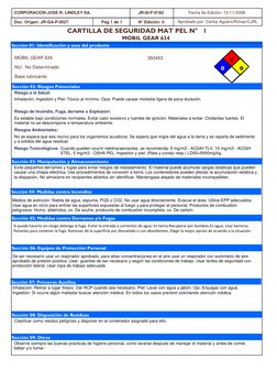 Base lubricante.
Sección 01: Identificación y usos del producto
Sección 02: Riesgos Potenciales
Sección 03: Manipulación y Al