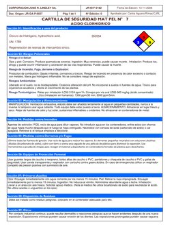 Regeneración de resinas de intercambio iónico.
Sección 01: Identificación y usos del producto
Sección 02: Riesgos Potenciales