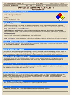 Reactivo de laboratorio, aditivo.
Sección 01: Identificación y usos del producto
Sección 02: Riesgos Potenciales
Sección 03: