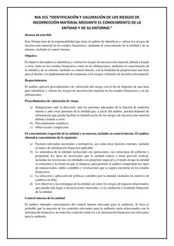 NIA 315 “IDENTIFICACIÓN Y VALORACIÓN DE LOS RIESGOS DE 
INCORRECCIÓN MATERIAL MEDIANTE EL CONOCIMIENTO DE LA 
ENTIDAD Y DE SU