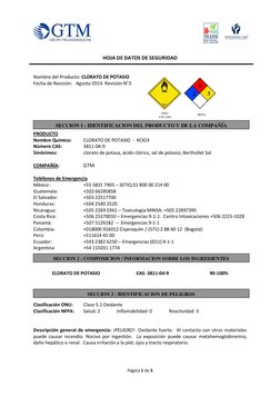 Página 1 de 5 
 
 
 
HOJA DE DATOS DE SEGURIDAD 
 
 
Nombre del Producto: CLORATO DE POTASIO  
Fecha de Revisión:   Agost