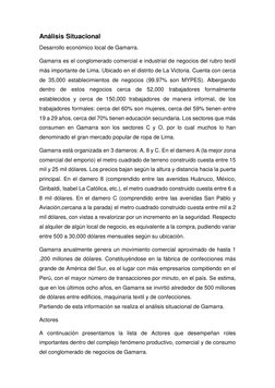 Análisis Situacional 
Desarrollo económico local de Gamarra. 
Gamarra es el conglomerado comercial e industrial de negocios d
