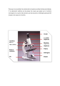 Para que no se cambien los colores de la muestra se utilizan lentes acromáticas. 
Y la aberración esférica se da porque los