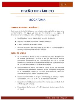 2019 
I R R I G A C I O N E S  
 
Página 9 
DISEÑO HIDRÁULICO 
BOCATOMA 
 
DIMENSIONAMIENTO HIDRÁULICO  
El di