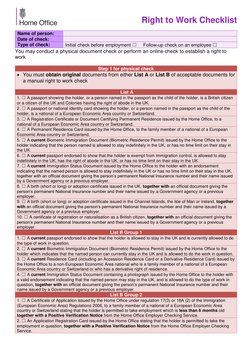 Right to Work Checklist 
 
Name of person: 
 
Date of check: 
 
Type of check:  
Initial check before employment ☐     Follow