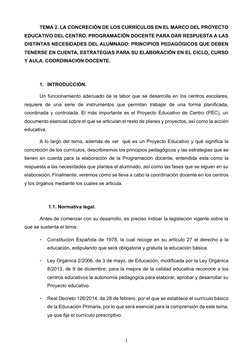 1 
TEMA 2. LA CONCRECIÓN DE LOS CURRÍCULOS EN EL MARCO DEL PROYECTO 
EDUCATIVO DEL CENTRO. PROGRAMACIÓN DOCENTE PARA DAR