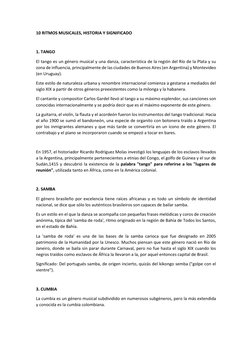 10 RITMOS MUSICALES, HISTORIA Y SIGNIFICADO 
 
1. TANGO 
El tango es un género musical y una danza, característica de la regi
