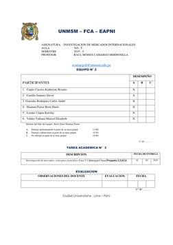ASIGNATURA : INVESTIGACION DE MERCADOS INTERNACIONALES 
AULA  
 
: 305 - T 
SEMESTRE 
 
: 2019 – I 
PROFESOR 
 
: RAUL MO