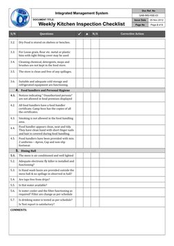 Weekly Kitchen Inspection Checklist | PDF | Kitchen | Drinking Water