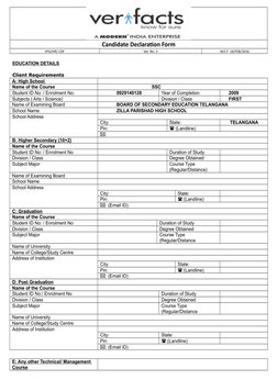 Candidate Declaration Form
VFG/HR/ CDF
Ver. No. 3
W.E.F: 16/FEB/2016
EDUCATION DETAILS
Client Requirements
A: High School 
Na