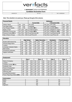 Candidate Declaration Form
VFG/HR/ CDF
Ver. No. 3
W.E.F: 16/FEB/2016
Note: This checklist is to assist you. Please go through