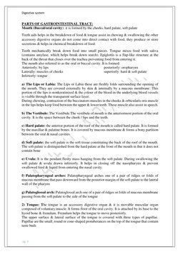 Digestive system  
 
 pg. 4 
PARTS OF GASTROINTESTINAL TRACT:  
Mouth (Buccal/oral cavity): it is formed by the cheeks, hard