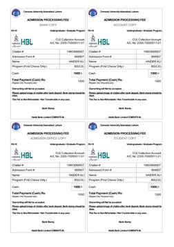 FA-19
Undergraduate / Graduate Program
ADMISSION PROCESSING FEE
BANK COPY
CUI, Collection Account
A/C No: 2305-70000511-01
Ch