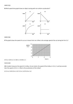 W09/1/Q3 
8 Which speed-time graph shows an object moving with non-uniform acceleration? 
 
W09/1/Q4 
9 The graph shows the s