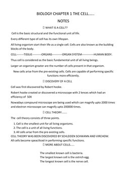 BIOLOGY CHAPTER 1 THE CELL…..  
                                                 NOTES 
 WHAT IS A