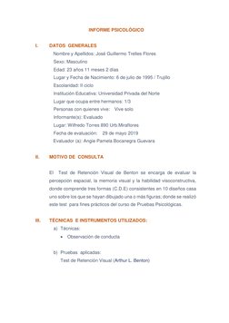 INFORME PSICOLÓGICO 
 
I. 
DATOS  GENERALES 
                Nombre y Apellidos: José G
