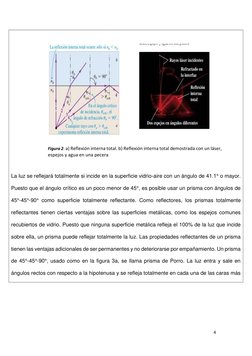 4 
 
 
 
 
La luz se reflejará totalmente si incide en la superficie vidrio-aire con un ángulo de 41.1° o mayor. 
Puesto que
