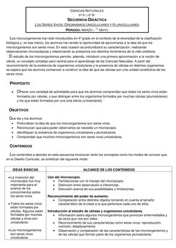 CIENCIAS NATURALES 
5to”A” y 5to”B” 
SECUENCIA DIDÁCTICA 
LOS SERES VIVOS: ORGANISMOS UNICELULARES Y PLURICELUL