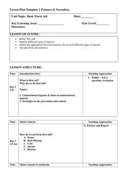 Lesson Plan Template 1 Primary & Secondary
LESSON OUTCOME:
LESSON STRUCTURE:
Time
Introduction (Set):
Teaching Approaches
Day