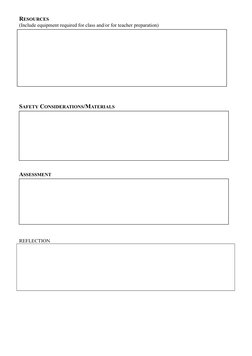 RESOURCES
(Include equipment required for class and/or for teacher preparation)
 
SAFETY CONSIDERATIONS/MATERIALS
ASSESSMENT