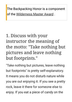 The Backpacking Honor is a component
of the Wilderness Master Award (https://en.m.wikibooks.org/wiki/Category:Book:Adventist_