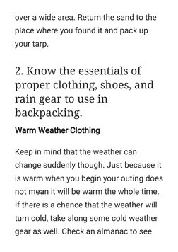 over a wide area. Return the sand to the
place where you found it and pack up
your tarp.
Warm Weather Clothing
Warm Weather C