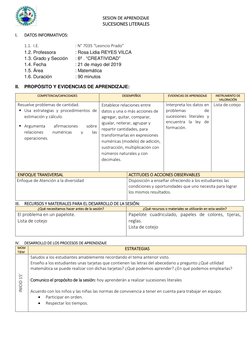 SESION DE APRENDIZAJE 
SUCESIONES LITERALES 
I. 
DATOS INFORMATIVOS: 
1.1. I.E. 
 
 
: N° 7035 “Leoncio Prado” 
1.2. Professo