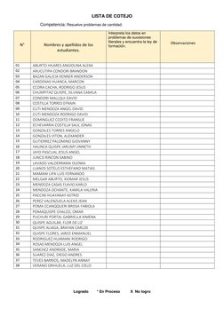 LISTA DE COTEJO 
 Competencia: Resuelve problemas de cantidad.  
 
 
 
 
 
 
Logrado        * En Proceso          X  No logro