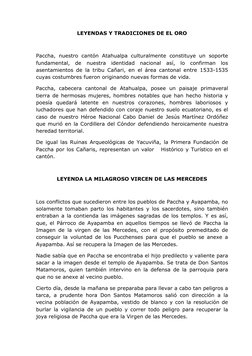 LEYENDAS Y TRADICIONES DE EL ORO 
 
Paccha, nuestro cantón Atahualpa culturalmente constituye un soporte 
fundamental, de nue