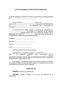 ACTA DE ASAMBLEA CONSTITUTIVA DE SINDICATO
ACTA DE ASAMBLEA CONSTITUTIVA DEL SINDICATO DE TRABAJADORES
DE: __________________