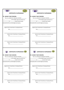 CERTIFICATE OF APPEARANCE
CERTIFICATE OF APPEARANCE
TO:  WHOM IT MAY CONCERN:
TO:  WHOM IT MAY CONCERN:
  This is to certify